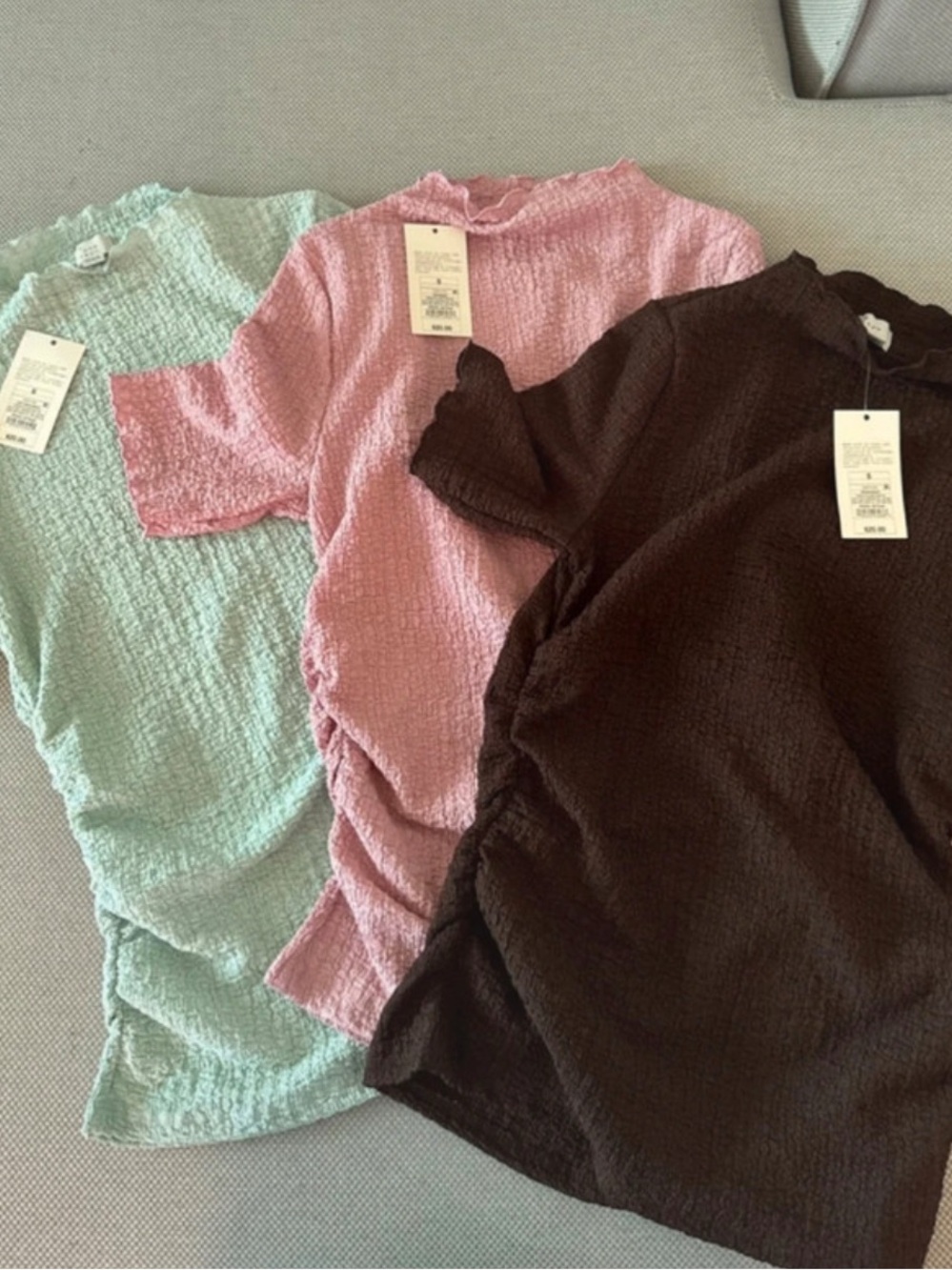a new day textured short sleeve blouse in mint, pink, and brown